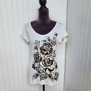 Cache Ivory Knit Black Gold Beaded Embellished Stretch Top Short Sleeve S